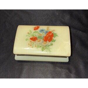 Vintage Italian Alabaster Trinket Box Primark Hinged Floral Vanity Jewelry Case